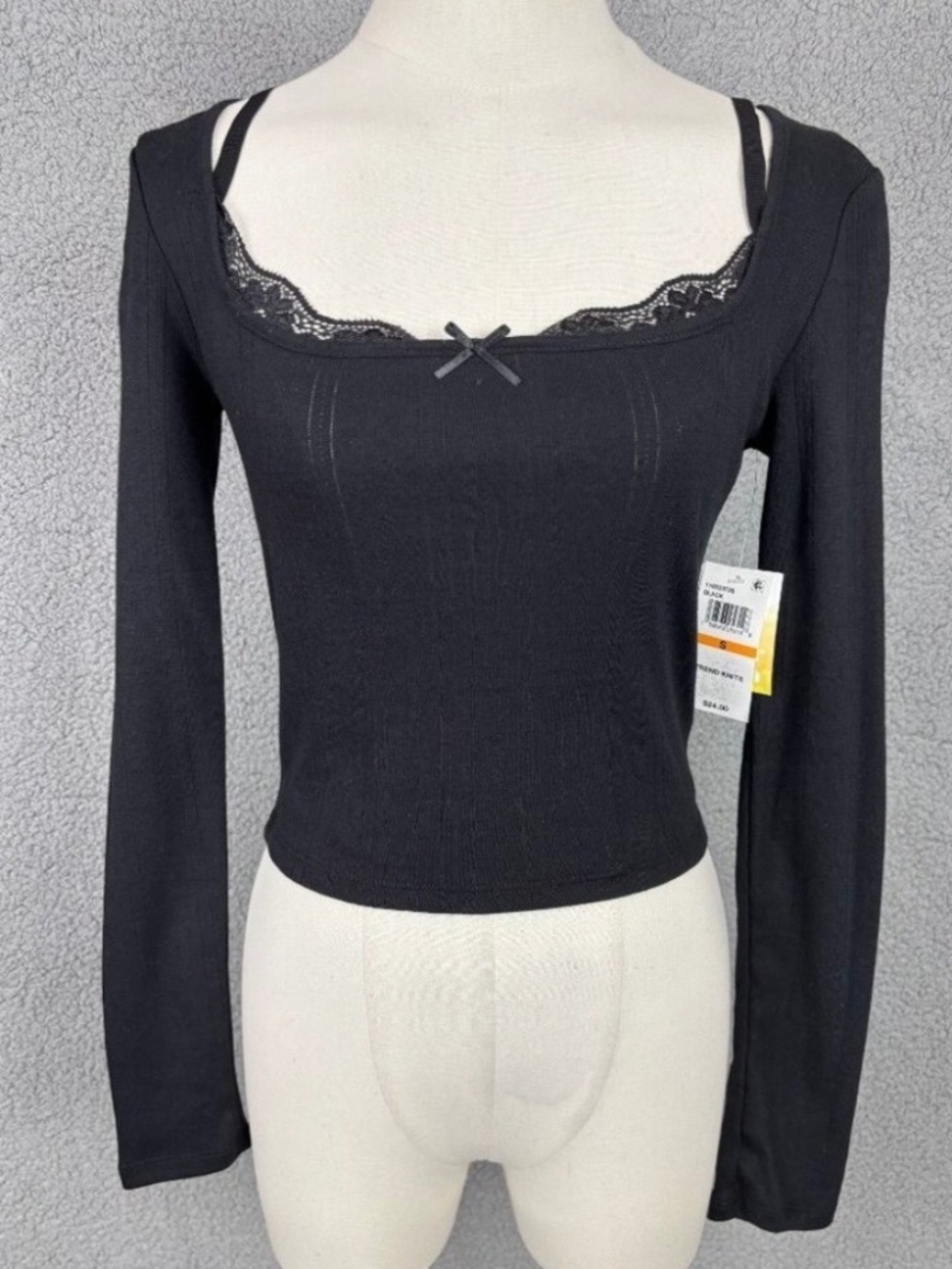 Sugar Moon Layered Look Pointelle Knit Long Sleeve Crop Top Shirt Black Medium